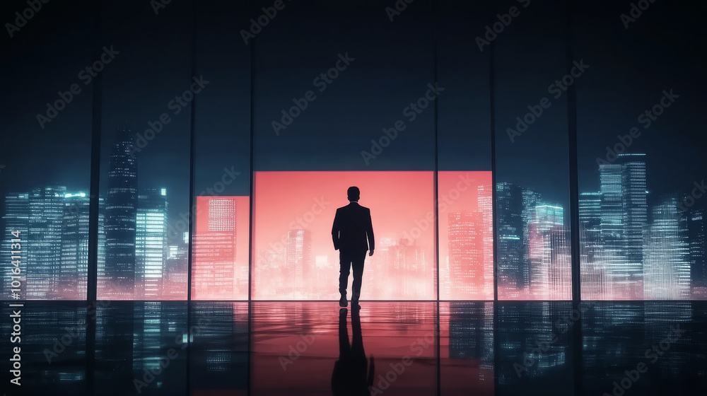 Silhouette of a man in a suit standing in front of a large window overlooking a city skyline at night. Silhouette of a man in a suit standing in front of a large window overlooking a city skyline at night.
