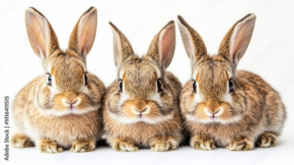 Three adorable brown rabbits with long ears sitting in a row on a white background, looking directly at the camera. Three adorable brown rabbits with long ears sitting in a row on a white background, looking directly at the camera.