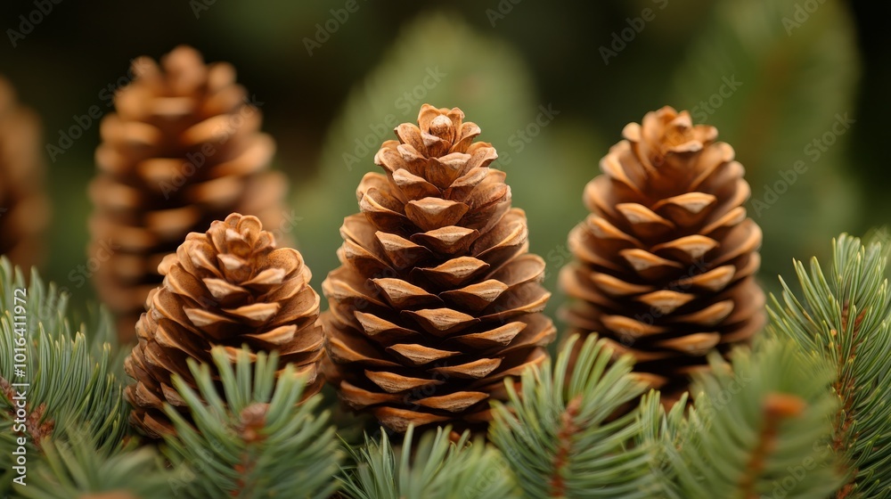 Three brown pine cones on a branch of a pine tree. Three brown pine cones on a branch of a pine tree.