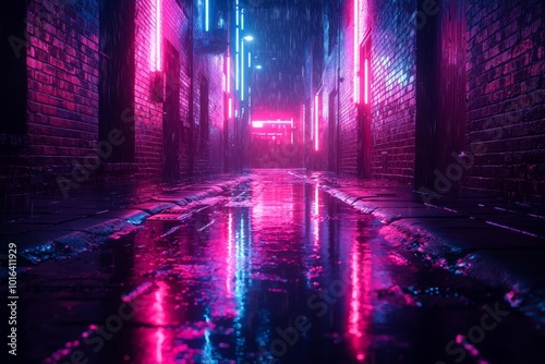 A narrow, wet alleyway glows with pink and blue neon lights, creating a vibrant and moody scene. photo