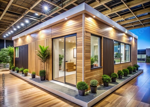 Modern, eco-friendly prefabricated modular house constructed from innovative composite wood panels, showcasing energy-efficient panel assembling at an exhibition, highlighting sustainable living  photo