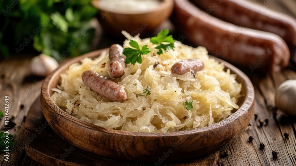 Traditional German Dish Featuring Sauerkraut and Sausages Served on a Wooden Platter