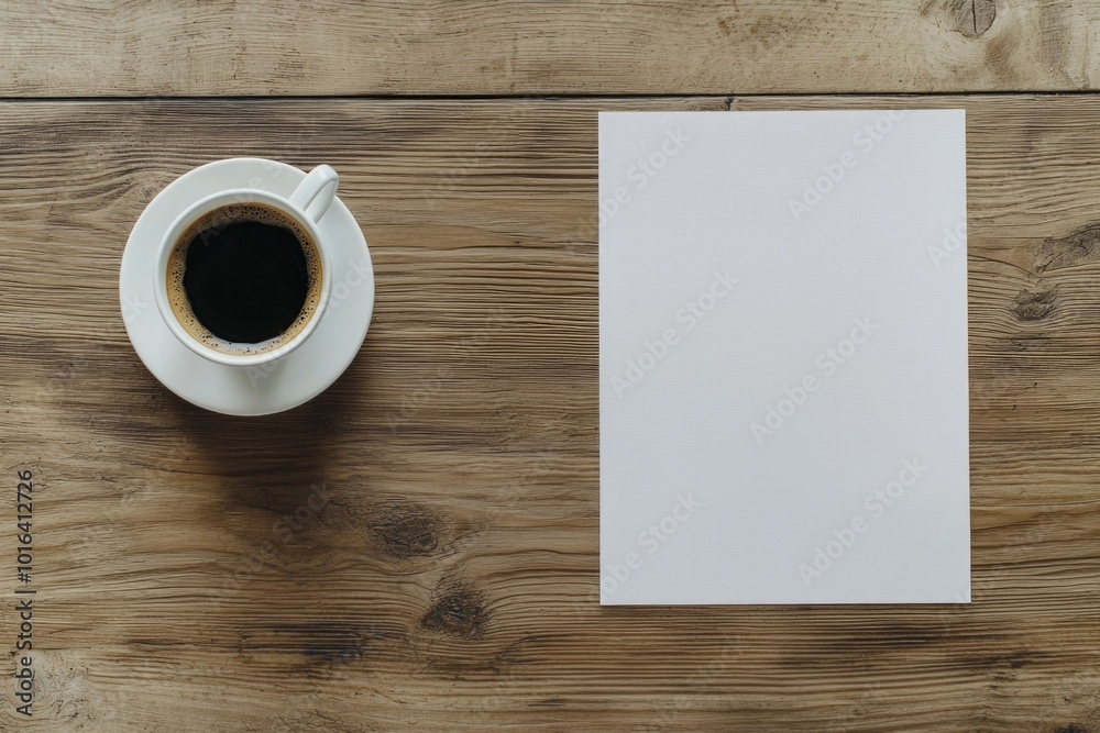 A topdown lay flat view minimalist workspace with a blank piece of A4 paper and a cup of coffee on a clean wooden desk A topdown lay flat view minimalist workspace with a blank piece of A4 paper and a cup of coffee on a clean wooden desk