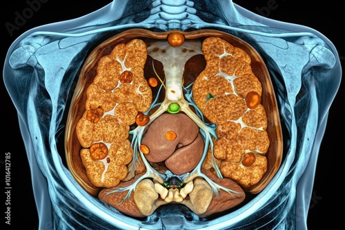 CT scan of whole abdomen reveals soft tissue mass in epigastric region, lymphadenopathy, and greatly distended stomach containing food residue, suggesting gastrointestinal stromal tumor. photo