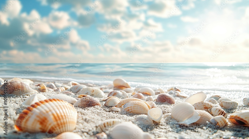 Seashells of different shapes and colors scattered across the beach, with space for text in the sky Seashells of different shapes and colors scattered across the beach, with space for text in the sky