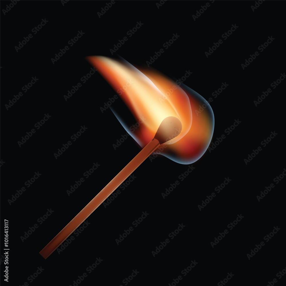 Realistic burning matchstick with glowing flame on a dark background, perfect for striking visuals Realistic burning matchstick with glowing flame on a dark background, perfect for striking visuals