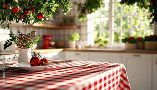 A cozy kitchen scene with a red checkered tablecloth, fresh tomatoes, and lush greenery, perfect for culinary inspiration. photo