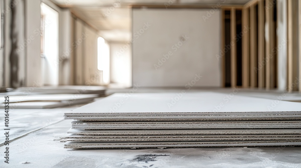 Sheets of drywall stacked on the floor, ample copy space in the background Sheets of drywall stacked on the floor, ample copy space in the background