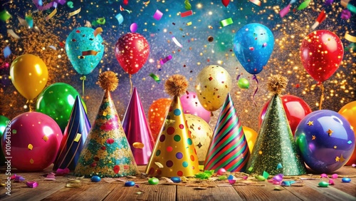 Vibrant multicolored confetti and balloons fill the air, surrounded by festive party hats and metallic glitter, celebrating the start of a fresh new year.