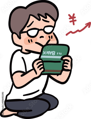 銀行通帳を見て嬉しそうな男性
