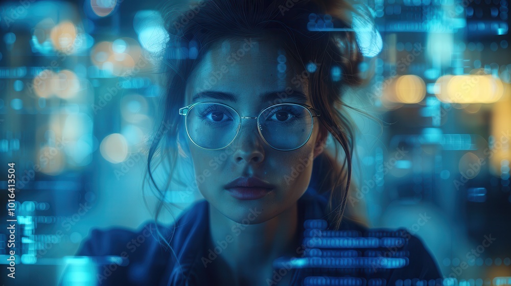 Fototapeta premium Focused Woman in Glasses with Digital Background