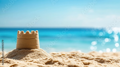 Small sandcastle in the foreground, with a clear blue sky and vast ocean providing copy space in the background