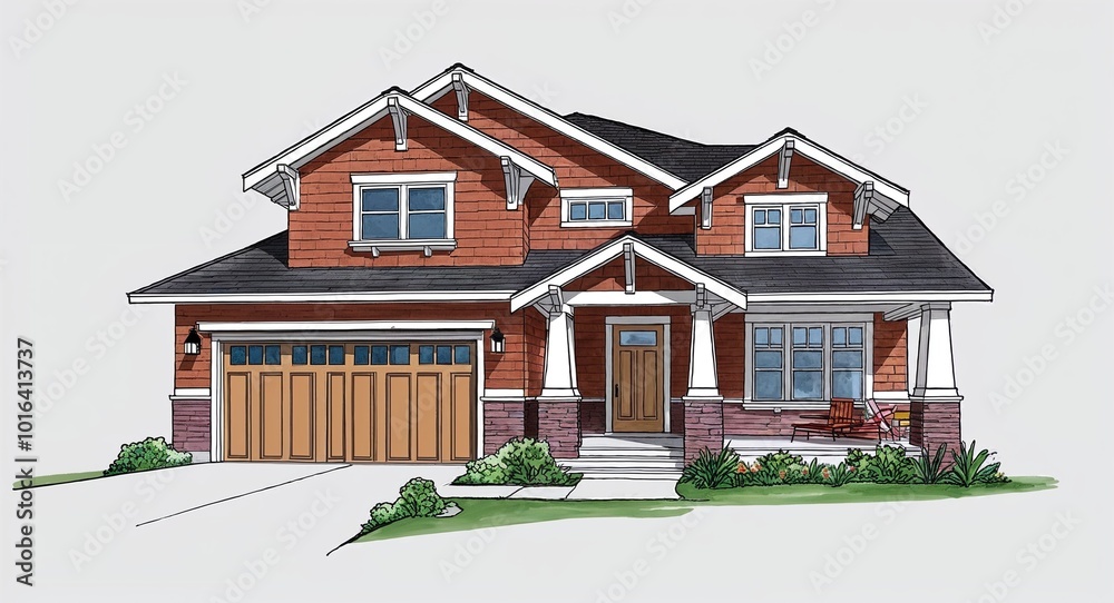 Hand drawing clipart of a craftsman style house on plain white background Hand drawing clipart of a craftsman style house on plain white background