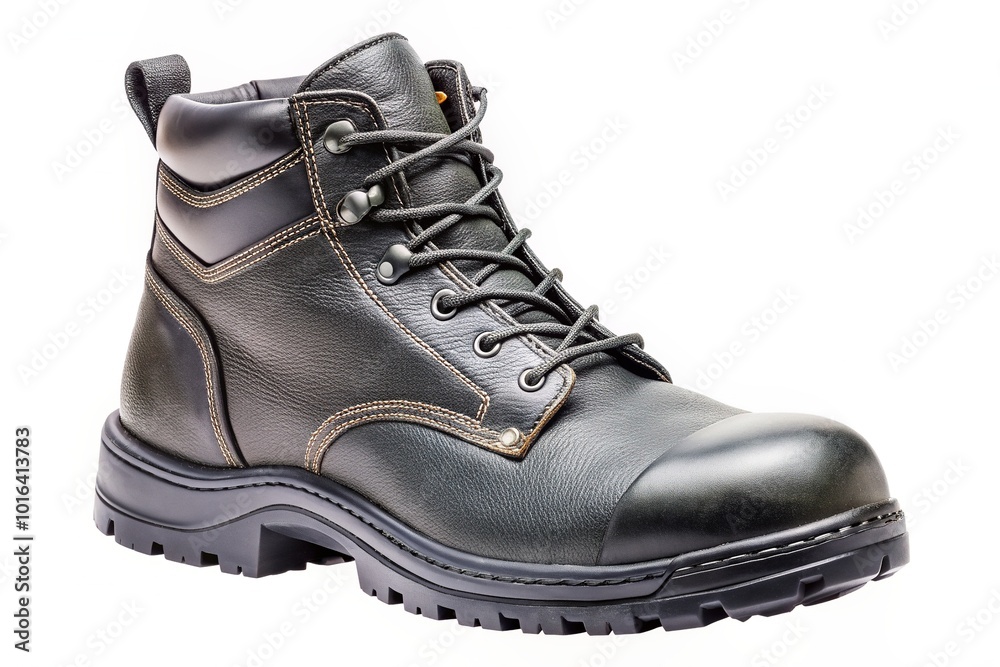 Tough black lace-up industrial workwear boot with strong steel toe cap, ideal for construction work, providing protection and durability in demanding work environments. Tough black lace-up industrial workwear boot with strong steel toe cap, ideal for construction work, providing protection and durability in demanding work environments.