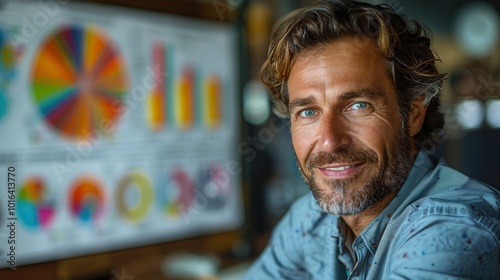 Professional Man Smiling in Office with Charts Behind Him