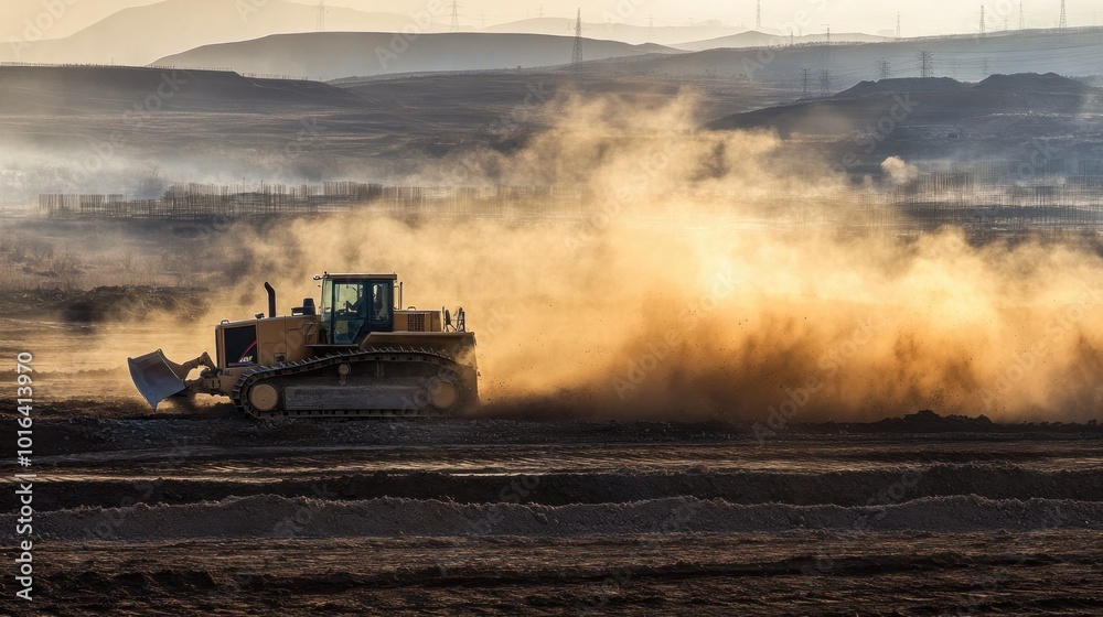 Fototapeta premium A bulldozer operates on a dusty construction site, creating clouds of dust in the air.