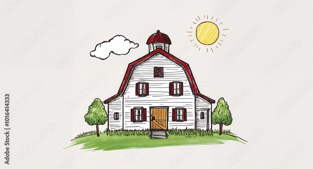 Hand drawing clipart of a farmhouse on plain white background Hand drawing clipart of a farmhouse on plain white background