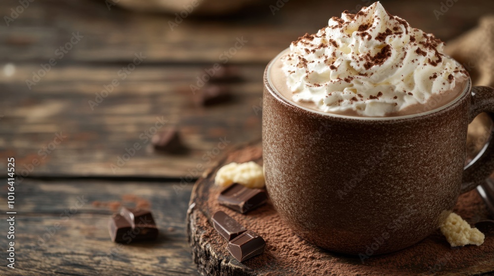 Thick Italian Hot Chocolate with Whipped Cream on a Rustic Table
