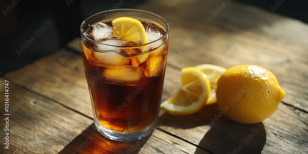 Glass of Sweet Tea with Ice and Lemon Slices on a Wooden Table Glass of Sweet Tea with Ice and Lemon Slices on a Wooden Table