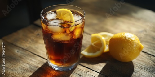 Glass of Sweet Tea with Ice and Lemon Slices on a Wooden Table