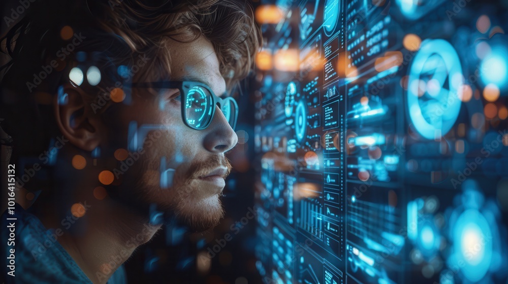 Futuristic Focused Man Engaging with Digital Interface Futuristic Focused Man Engaging with Digital Interface