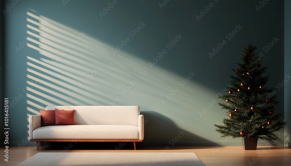 Modern living room with a cozy sofa, decorative pillows, and a Christmas tree casting gentle shadows.