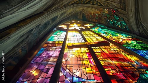 A stained glass window in a cathedral, featuring vibrant colors and intricate designs