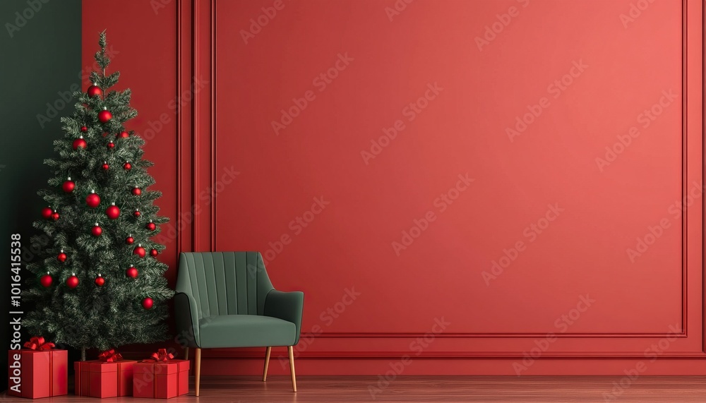 Stylish Christmas decor featuring a green chair, a festive tree, and red wall, perfect for holiday inspiration. Stylish Christmas decor featuring a green chair, a festive tree, and red wall, perfect for holiday inspiration.