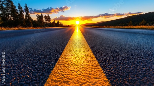 Stunning sunset view over an empty road, highlighting the golden sun and colorful sky. photo