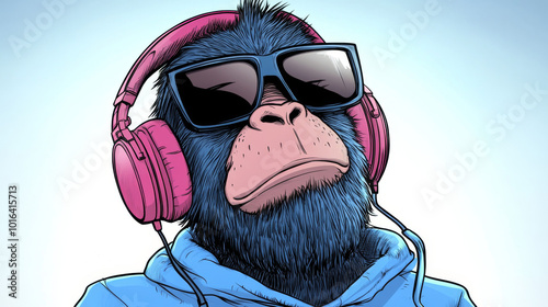 A cool chimpanzee wearing pink headphones and sunglasses. photo