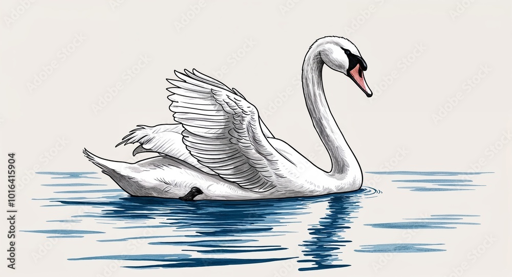 Fototapeta premium Hand drawing clipart of a graceful swan gliding on a lake on plain white background