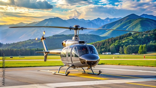 A civilian helicopter prepares for takeoff on the bustling tarmac of an Austrian airport, showcasing modern aviation technology and commercial flight capabilities. photo