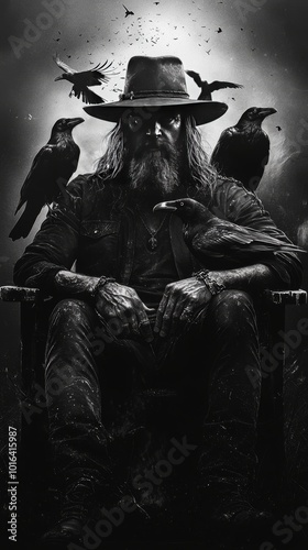 Odin the Norse god of wisdom sitting on his throne with ravens, surrounded by a mystical atmosphere in a dark forest photo