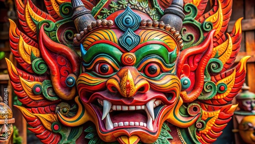 Vibrant hand-carved wooden mask adorned with intricate details and horns, symbolizing the mythical Fire Devil, a traditional cultural icon from the mystical island of Sri Lanka.