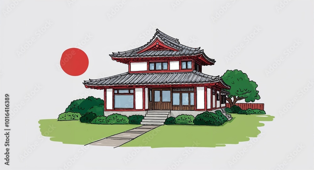 Fototapeta premium Hand drawing clipart of a Japanese style house on plain white background