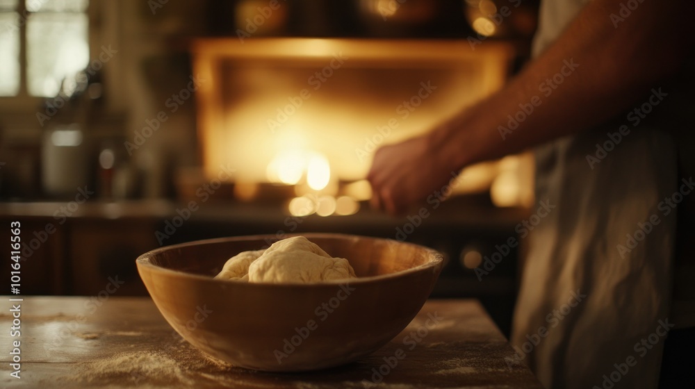 A rustic kitchen scene with dough in a bowl, emphasizing preparation for baking. A rustic kitchen scene with dough in a bowl, emphasizing preparation for baking.