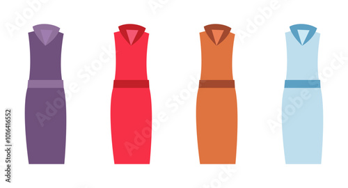 Vector illustration of belted dresses in five different colors, suitable for fashion, formal wear, and clothing design projects.