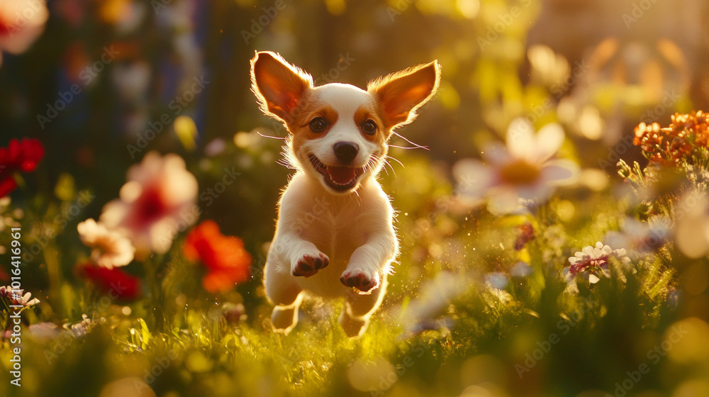 Joyful Puppy Leaps Through a Vibrant Flower Garden, Capturing the Essence of Playfulness and Natural Beauty in Golden Light Joyful Puppy Leaps Through a Vibrant Flower Garden, Capturing the Essence of Playfulness and Natural Beauty in Golden Light