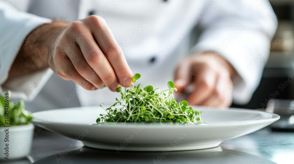 Chef garnishing a dish with microgreens on a white plate.