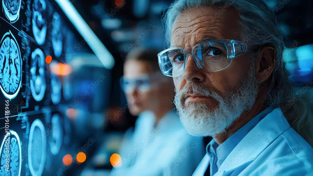 A focused scientist in a lab coat, wearing glasses, looks directly at the camera, with colleagues blurred in the background A focused scientist in a lab coat, wearing glasses, looks directly at the camera, with colleagues blurred in the background