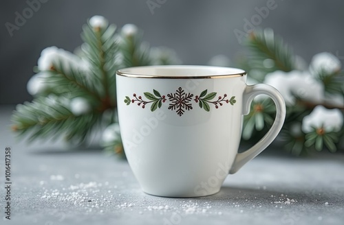 a white ceramic cup with a christmas ornament is standing on a grey table on a background with snowy fir branches. A christmas mockup for a coffee shop. photo