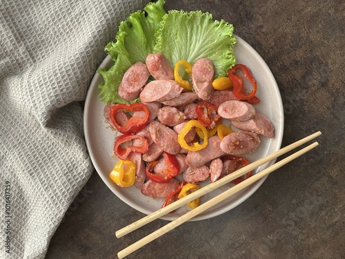 Stir fry sausage with red and yellow bell pepper and lettuce on a plate with rustic background. Prefect photo for cooking recipe, cooking article. photo