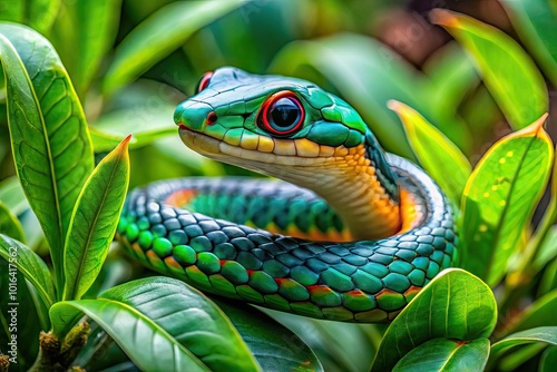 Madagascar Leafnosed Snake blends seamlessly with lush green foliage, showcasing its remarkable camouflage in a close-up view of its natural habitat. Nature's artistry at work. photo