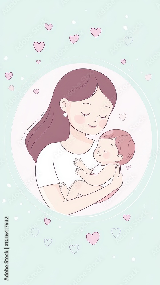 A mother embraces her baby with warmth and love, surrounded by soft pastel heart designs