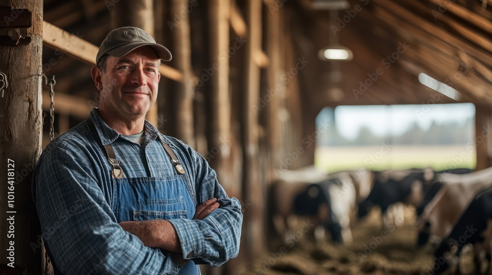 A farmer stands confidently in a barn, surrounded by cows, showcasing rural life. A farmer stands confidently in a barn, surrounded by cows, showcasing rural life.