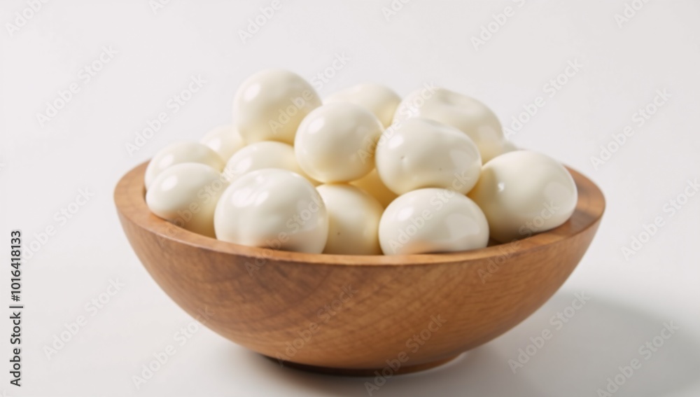 Wooden bowl holds assorted mozzarella cubes on pure white backdrop Wooden bowl holds assorted mozzarella cubes on pure white backdrop