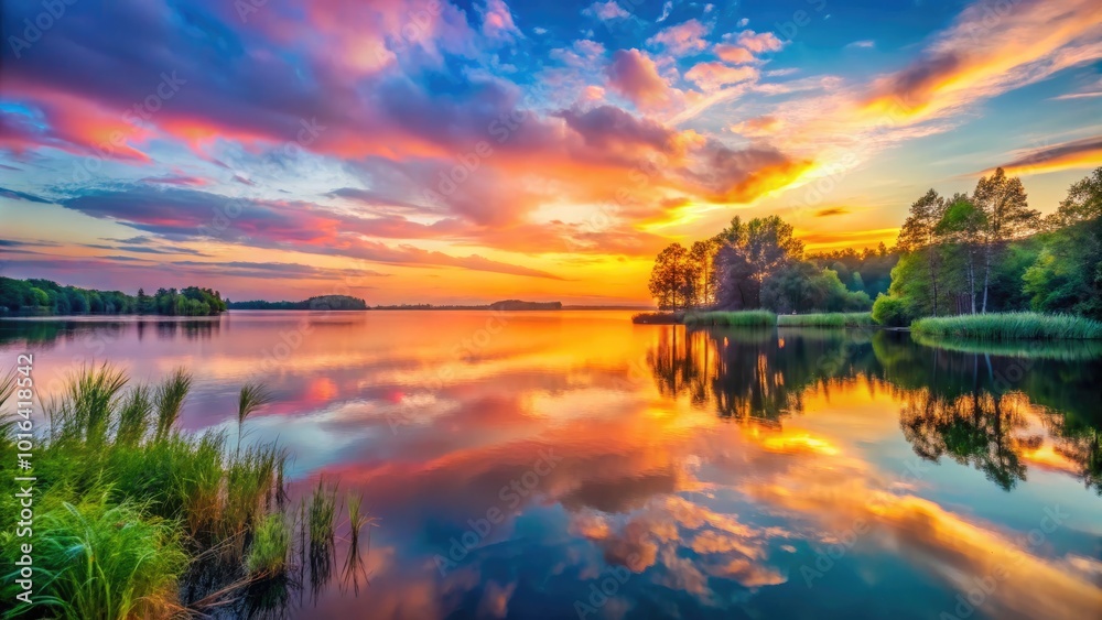 Vibrant sunset graduates to soft pastel hues above tranquil lake waters, creating a serene and idyllic natural background perfect for photography and design. Vibrant sunset graduates to soft pastel hues above tranquil lake waters, creating a serene and idyllic natural background perfect for photography and design.