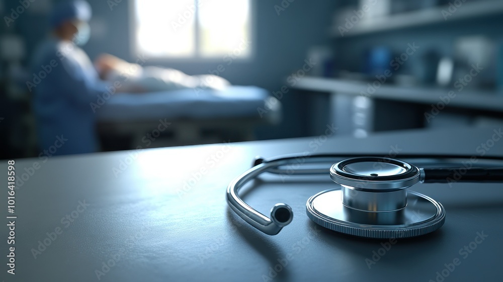 A stethoscope rests on a table in a medical setting, with a healthcare professional assisting a patient. A stethoscope rests on a table in a medical setting, with a healthcare professional assisting a patient.