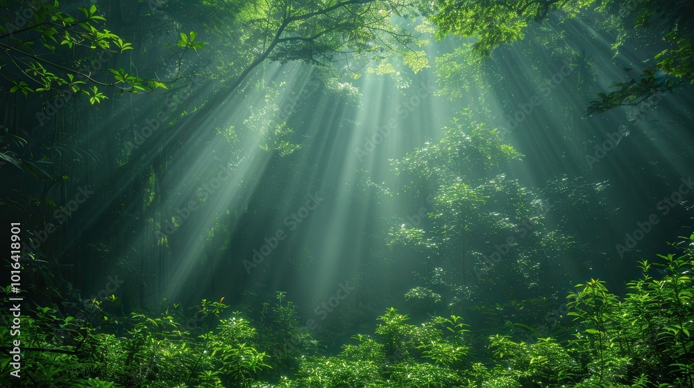 Tranquil Sunlight Beams in Lush Green Forest