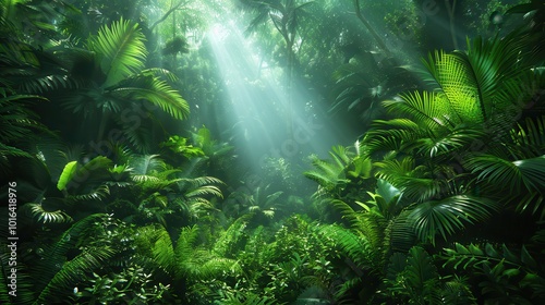 Lush Green Jungle with Sunlight Filtering Through Trees